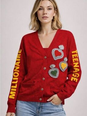 When Smoke Clears Cardigan XS Red Sacred Heart Millionaire Teenage Embroidered